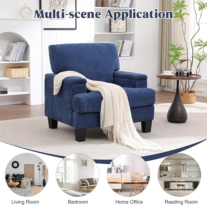 Oversized Accent Chair Set of 2 with Storage Armrest, Modern Upholstered Reading Living Room Chairs, Comfy Large Armchair, Fabric Single Sofa Chair for Bedroom (Navy Blue)