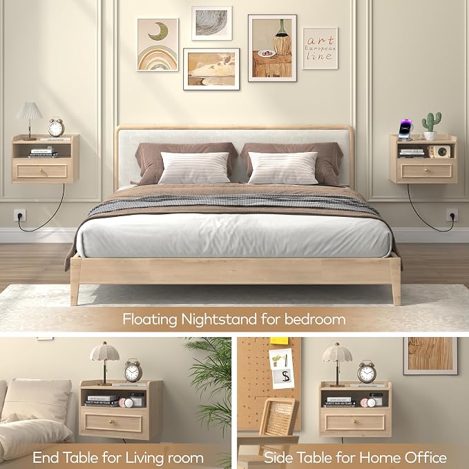 Floating Nightstand with Charging Station Set of 2, Modern Wall Mounted Bedside Tables with Drawer & Open Shelf, Modern Hanging Table with USB & Type C Ports for Bedroom, Small Spaces (White Oak) - Image 6