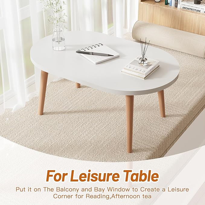 Coffee Table Low Table with Solid Wood Legs, Small Oval Coffee Table Side Table, Floor Table Desk for Sitting on The Floor, Storage and Living Room Furniture for Office Apartment Home, White