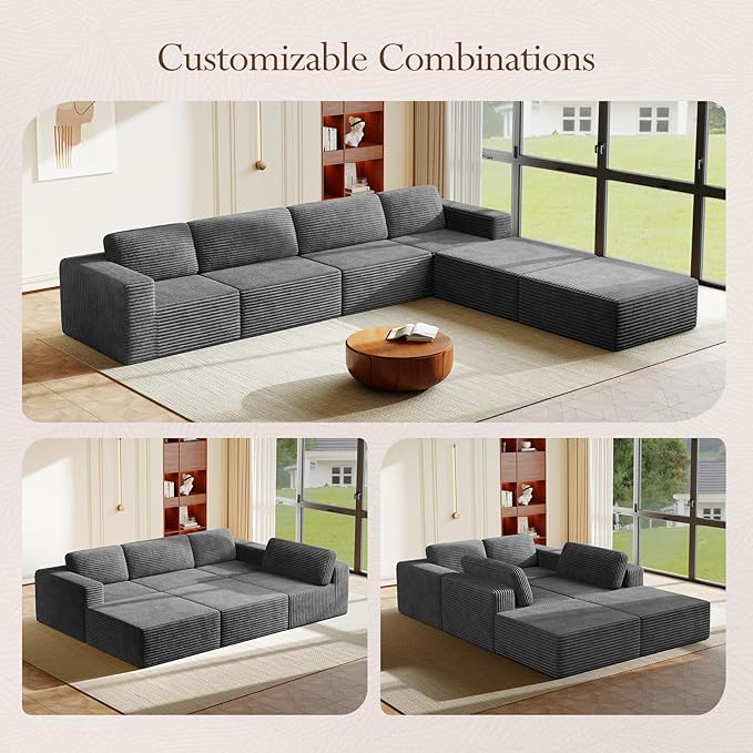 Vesgantti 159" Large Modular Sectional Sofa, U-Shaped Corduroy Cloud Couch with Deep Seats & Spring Support, 4-Seater Boneless Sofa with 2 Movable Ottomans, No Assembly Needed, Grey