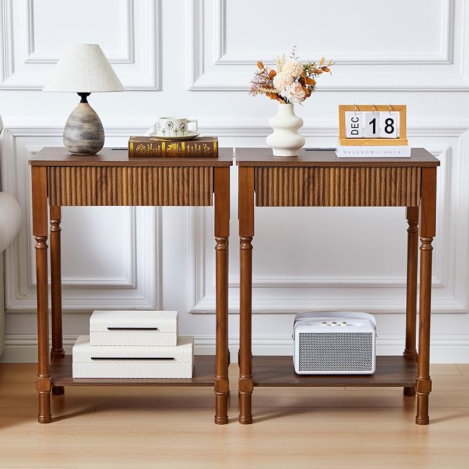 Night Stand Set of 2,Fluted Nightstand with Charging Station, 23.6” Large Bed Side Table End Table with Drawer,Modern Mid Century Wooden Night Stands Bedside for Bedroom Living Room Sofa Office,Walnut by XUZENEST