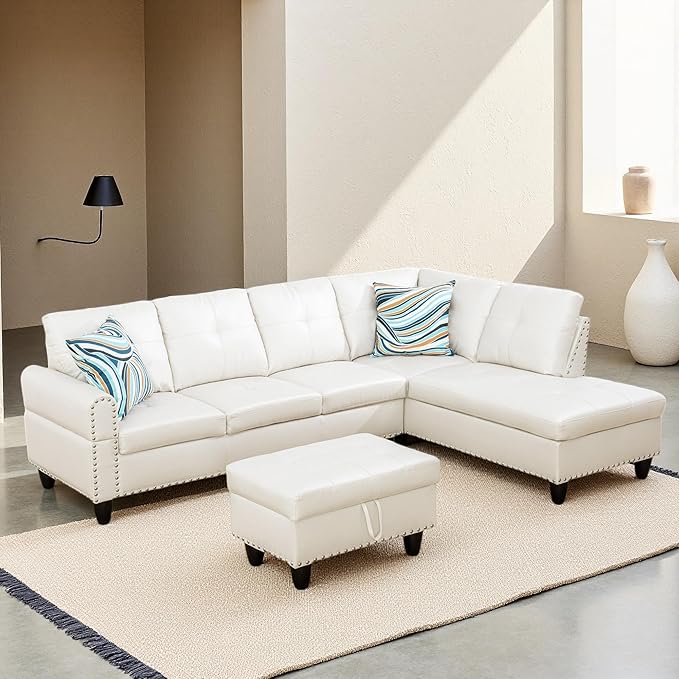 Sectional Couches for Living Room, Convertible 4 Seat Modular Sectional Sofa Set for Living Room, L Shaped Couch or U Shaped Couch with Storage Ottoman for Apartment, Leather White
