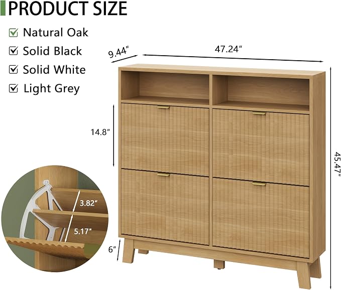Xixini Shoe Cabinet with 4 Flip Drawers, 46" Tall Hidden Fluted Shoe Storage Organizer for Entryway, Narrow Slim Wooden Shoe Rack Cabinet for Front Door Entrance, Hallway, Living Room, Natural Oak - Image 2