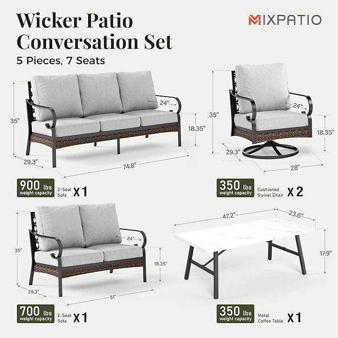 Patio Furniture Set with Coffee Table, Outdoor Conversation Set with 2 x Swivel Chairs, 1 x 2-Seat Sofa, 1 x 3-Seat Sofa for Lawn Garden Backyard, Light Grey