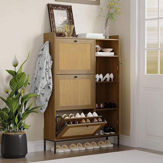 GarveeLife 3-Tier Rattan Shoe Cabinet with Flip Drawers, Adjustable Shelves and Narrow Storage Design, Perfect for Entryways, Hallways, and Bedroom Organization in Wood