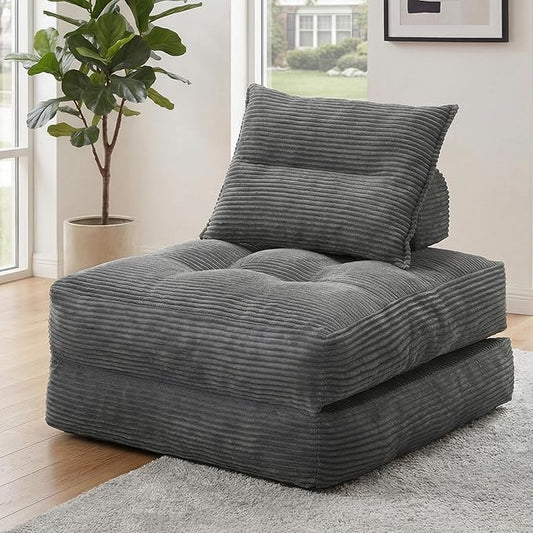 Folding Sofa Bed, Fold Out Chair Bed with Pillow, Convertible Sleeper Chair for Living Room Bedroom Guest Room Small Spaces, Comfy Corduroy Boneless Couch Bed, Grey, Single