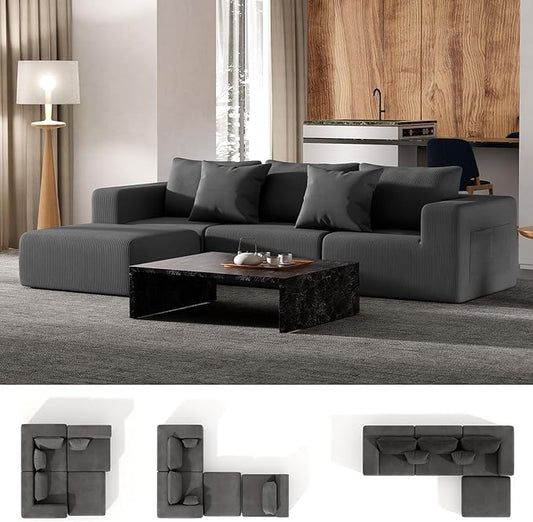 Modern L-Shaped Modular Sectional Couches for Living Room, Bedroom, Oversized 4 Seater Upholstered Boneless Sofa with Ottoman, Deep Seat, Pockets No Assembly Required (Gray) | Corduroy Sofa, High-density Foam, No Assembly Required, Sectional Couches