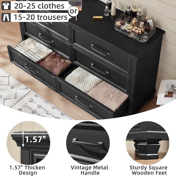 SAVOR LIFE Farmhouse Bedroom Dresser and Nightstand Sets 4 Piece, 5/6 Drawer Dresser & 2 Drawer Nightstand Set for Home, Bedroom, Hallway, Black
