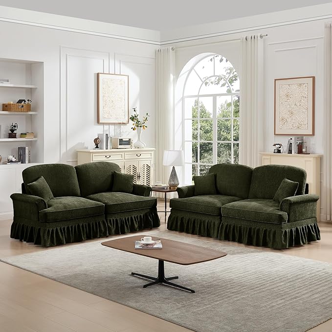 KEIKI Mid Century Modular Sofa with Flared Arms and Skirted Design, 76" Loveseat Chenille Sectional Couches Set for Living Room, Comfortable Apartment Size Home Sofa Bedroom Furniture, Green