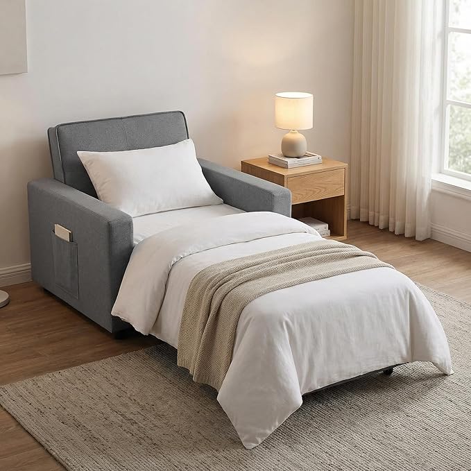3-in-1 Convertible Sleeper Chair, Sleeper Sofa Bed with Side Pocket, Lazy Sofa Bed with Adjustable Backrest, Recliner Chair for Living Room, Apartment, Dorm, or Office, Gray