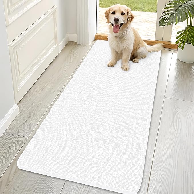 OLANLY Dog Door Mat for Muddy Paws 70x35, Absorbs Moisture and Dirt, Absorbent Non-Slip Washable Doormat, Quick Dry Chenille Mud Mat for Dogs, Entry Indoor Entryway Carpet for Inside Floor, White by OLANLY