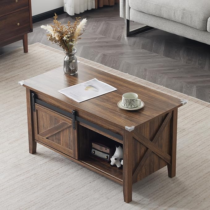 VINGLI Farmhouse Lift Top Coffee Table, Rustic Grey with Storage Shelf/Hidden Compartment, Mesa De Centro para Sala, Rustic Brown (Espresso, 36" L)