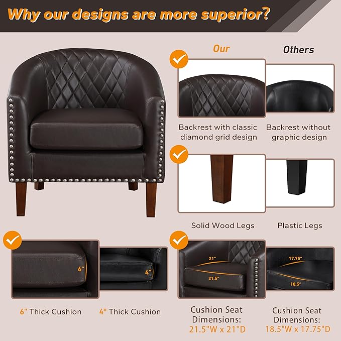 Prilinex Comfy Barrel Accent Chair Set of 8 - Faux Leather Living Room Chair Club Chair with Cushion, Diamond Grid Backrest & Nailhead Trim, Guest Chair for Office, Bedroom & Waiting Room, Brown