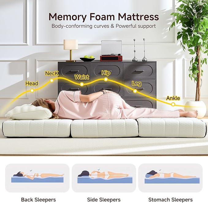 ROXGOX Foldable Mattress, Queen Tri-Fold Memory Foam Mattress Topper with Washable Cover, Handle & Non-Slip Bottom, 6 Inch Portable Folding Bed for Guest, Yoga, Living Room, Camping - 78"x58"x6"