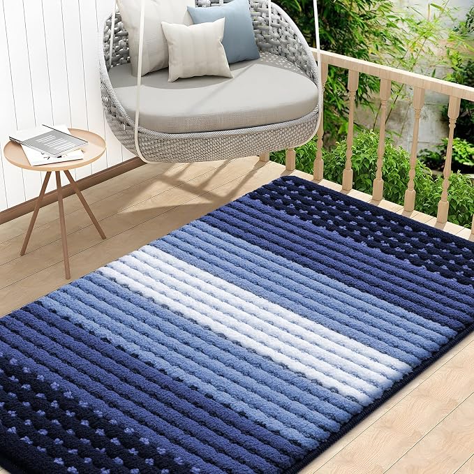 Kitinjoy Indoor Outdoor Door Mat, 48x32 Non-Slip Absorbent Dirt Trapper, Low-Profile Washable Inside Entrance Front Floor Mat, Sturdy Soft Entry Dotted Ombre Doormats for Entryway, Navy Blue by Kitinjoy