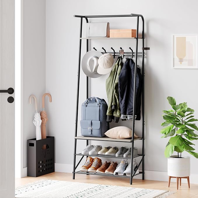 IDEALHOUSE Coat Rack Shoe Bench with 5 Hooks, Hall Trees Entryway Bench with Storage, Wood Look Accent Furniture with Metal Frame for Entryway, Living Room, Bedroom by IDEALHOUSE
