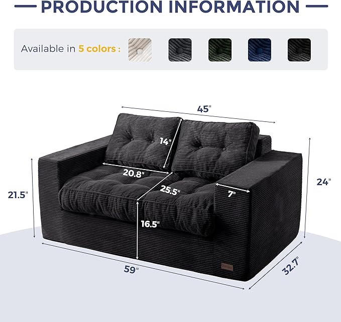 MAXYOYO Loveseat Sofa Couch, Upholstered Bean Bag Chair Cloud 2-Seat for Adults, Boneless Couch with Tufted Cushion & Pillows, Sofa in A Box, No Assembly Required, Black
