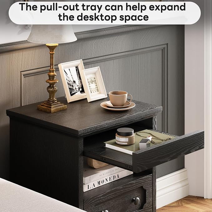 LIKIMIO Night Stand, Modern Bedside Table with 2 Drawers, Open Shelf, End Table with Pull-Out Tray, Wood SideTable, Black - Image 5