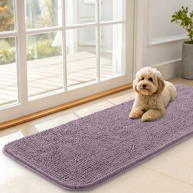 OLANLY Dog Door Mat for Muddy Paws 47x17, Absorbs Moisture and Dirt, Absorbent Non-Slip Washable Doormat, Quick Dry Chenille Mud Mat for Dogs, Entry Indoor Entryway Carpet for Inside Floor, Deep Plum by OLANLY