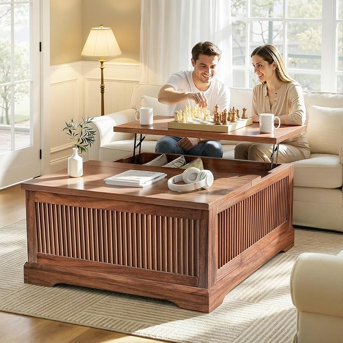 Lift Top Coffee Table with Storage, Fluted Coffee Tables with Lifting Top, Modern Farmhouse Square Center Table for Living Room, Home Office, with Hidden Compartment, Flip-Up Lids, Walnut
