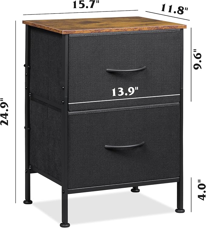 WLIVE Nightstand, Nightstand with 2 Drawers, Bedside Furniture, Night Stand, Small Dresser for Bedroom, College Dorm, End Table with Fabric Bins, Dormitory, Black and Rustic Brown - Image 3