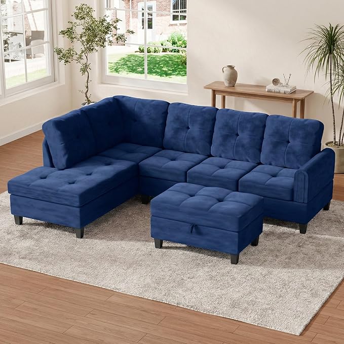 3-Piece L-Shaped Modular Sectional Sofa with Movable Chaise & Storage Ottoman, Convertible Lounge Couch for Living Room, Apartment & Office, Blue