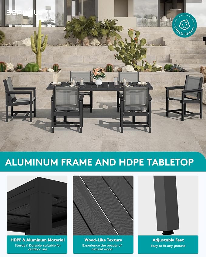 SERWALL 9-Piece Outdoor Dining Set, 60" - 83" Expandable Patio Dining Table with 8 Breathable Textilene Chairs, All Weather HDPE Patio Furniture Set, Black - Image 3