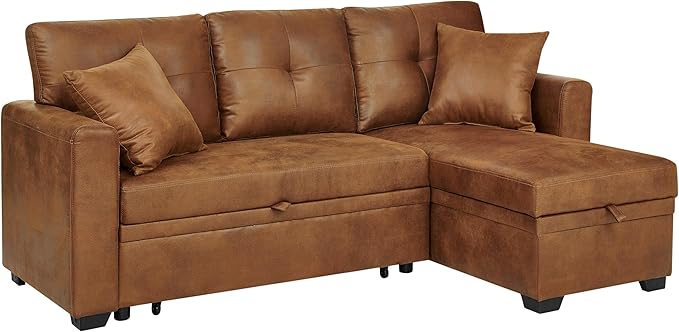 Sectional Sleeper Sofa with Pull Out Bed, L Shape Convertible Sofa Bed Couch with Storage Chaise, 3 in 1 Pull Out Sofa Bed with 3 Seats, for Living Room,Apartment, PU Brown, 76 Inch