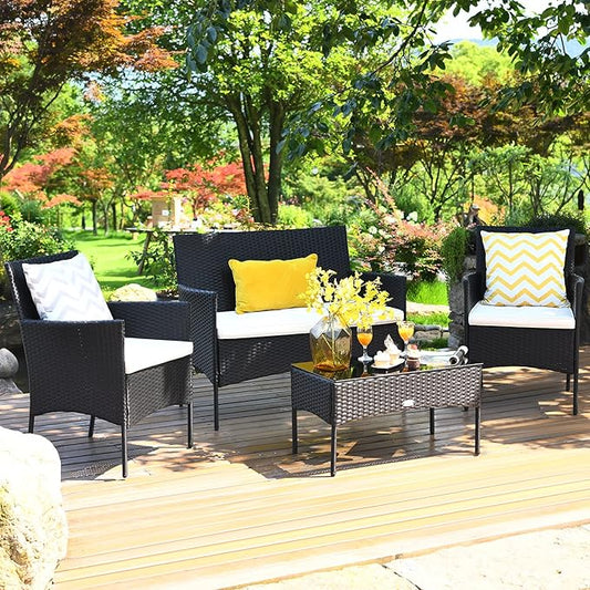 4 Pieces Patio Furniture Set, Outdoor Conversation Set with Ergonomic Curved Backrest, Patio Chair Set with Water-Resistant Cushion & Tempered Glass Table for Balcony, Porch, Pool (Beige)