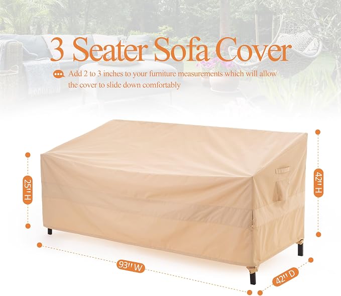 WJ-X3 3-Seater Patio Sofa Cover Waterproof, Heavy Duty Lawn Couch Cover UV Resistant, Porch Furniture Sets Cover Anti-Fading, High Wind Resistant, 93W x 42D x 42H Inches, Beige - Image 8
