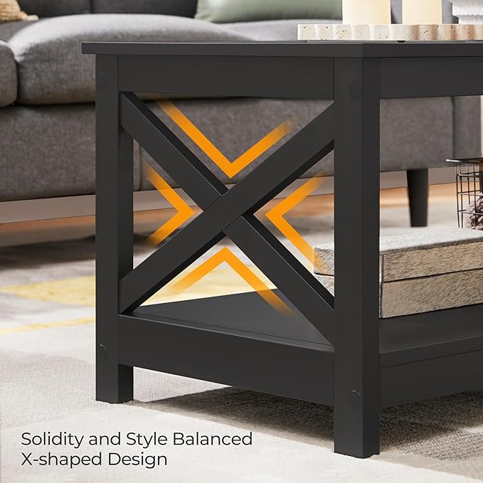 Yaheetech Wood 2-Tier Black Coffee Table with Storage Shelf for Living Room, X Design Accent Cocktail Table, Easy Assembly Home Furniture, 39.5 x 20 x 18 Inches