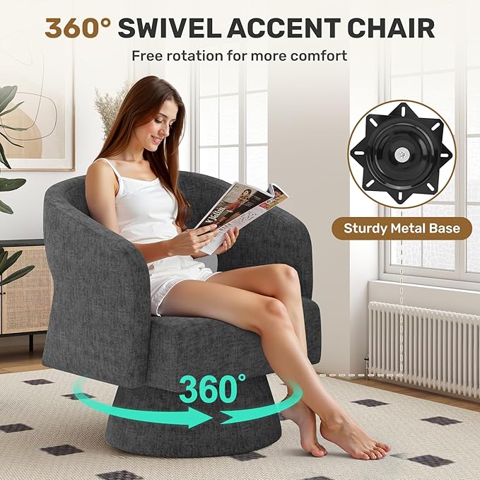 Nebuaegis Swivel Accent Chair Set of 2, Modern Comfy Chenille Barrel Chairs, Oversized Upholstered Round Arm Chair for Living Room, Bedroom, Reading Room, Black