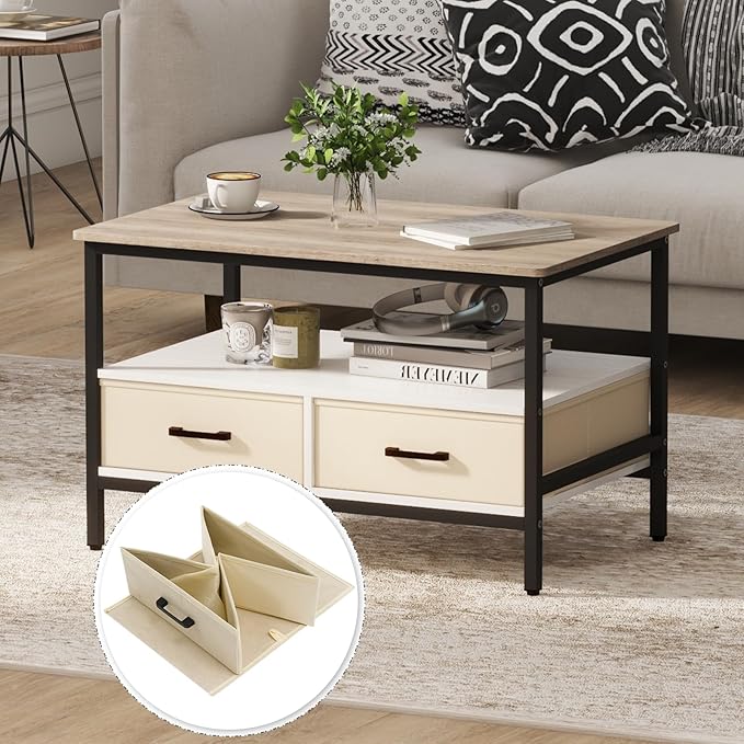 OC Orange-Casual 32" Coffee Table with Storage, 2-Tier Wood Coffee Table with Open Display Shelf & Foldable Drawers, Farmhouse Table with Metal Frame, Small Center Table for Living Room (31.5")