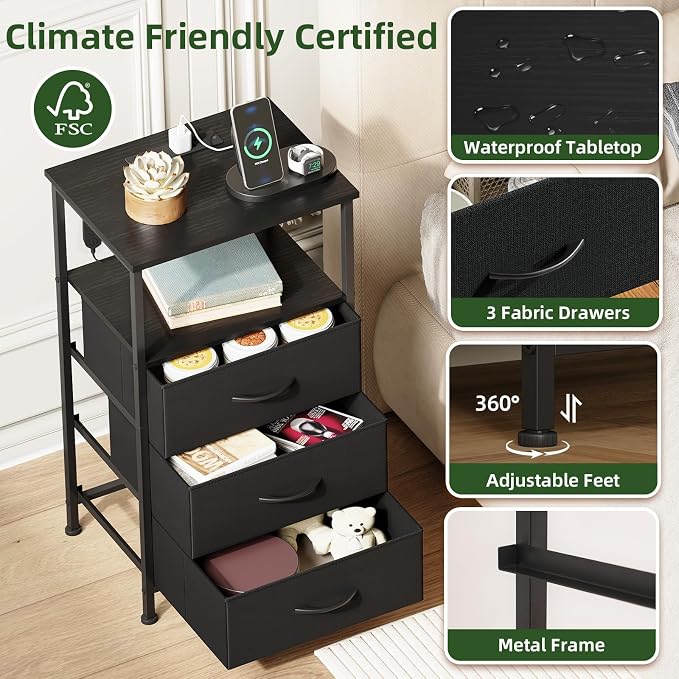 Somdot Nightstands Set of 2,Bedside Tables with Charging Station and LED Lights,Night Stand with 3 Fabric Drawers, End Tables with Open Shelf for Small Spaces Bedroom Entryway Hallway, Black - Image 6