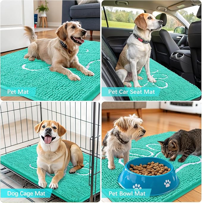 OLANLY Dog Door Mat for Muddy Paws 48x30, Paw Print Design, Absorbs Moisture and Dirt, Absorbent Non-Slip Washable Doormat, Quick Dry Chenille Mud Mat for Dogs, Entry Indoor Entryway Carpet, Teal - Image 7