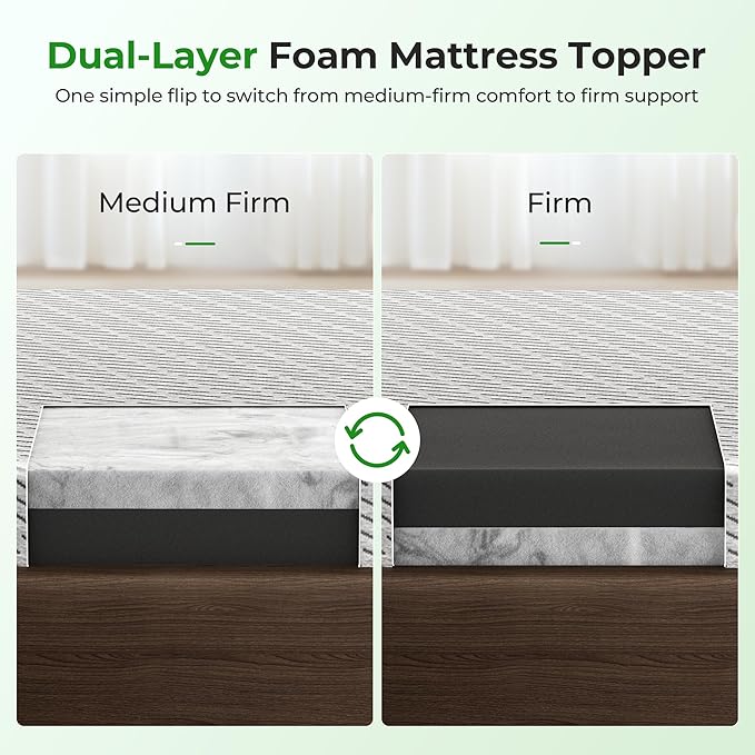 HOMRELEXA Bamboo Mattress Topper Queen Size 2 Inch, Cooling Gel & Bamboo Charcoal Memory Foam Mattress Topper for Back Pain Relief, Firm Dual-Layer Foam Bed Pad with Removable Cover