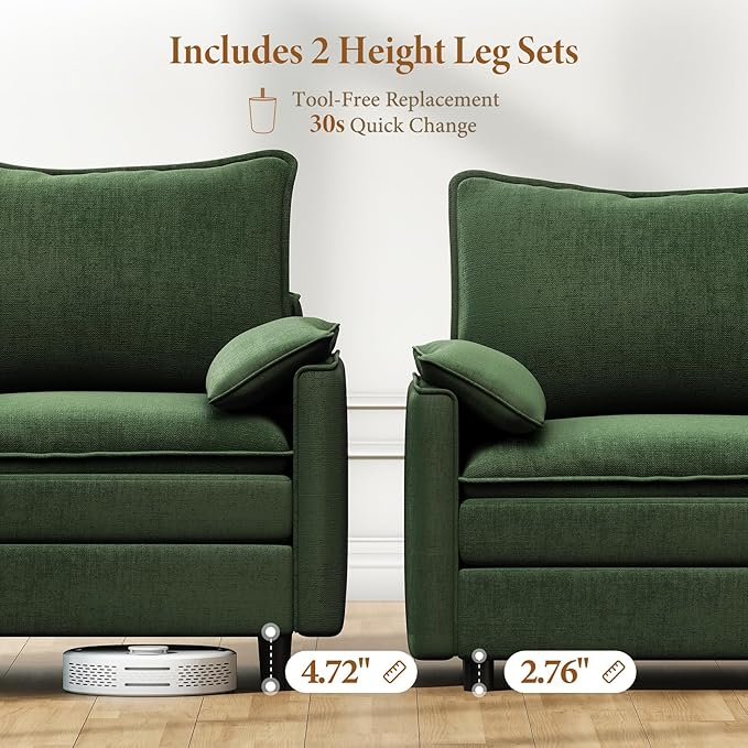 Vesgantti 142" Oversized Sectional Sofa Bed, 8-Seater Modular Sleeper Cloud Couch with Movable Ottoman, Chenille Convertible Sofa Set Deep Seat Couches for Living Room, Bedroom and Apartment, Green