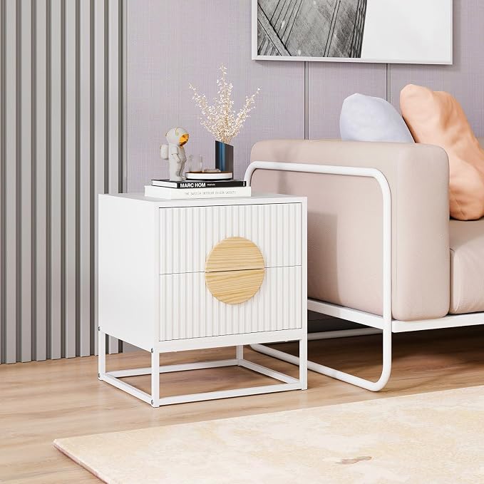 Giantex Fluted Nightstand with 2 Drawers, White Wood Bedside Table with Natural Circle Handle & Metal Frame, Minimalist Accent End Table, Modern Mid Century Night Stand for Bedroom - Image 8