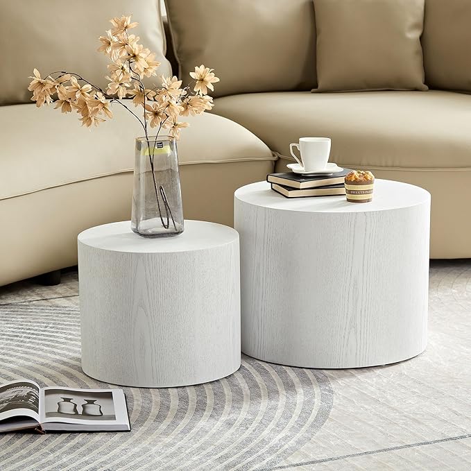 Small Round Nesting Coffee Table Set of 2, Wood Grain Circle Side End Accent Tables for Small Spaces Living Room Bedroom Balcony Office, White