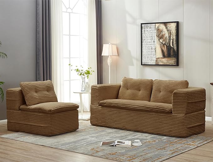 80" Convertible Sectional Sofa Bed, 3-in-1 Folding Floor Couch with Convertible Chaise Lounge, Plush Corduroy Sleeper Sofa for Living Room and Bedroom, No Assembly Required (Camel)