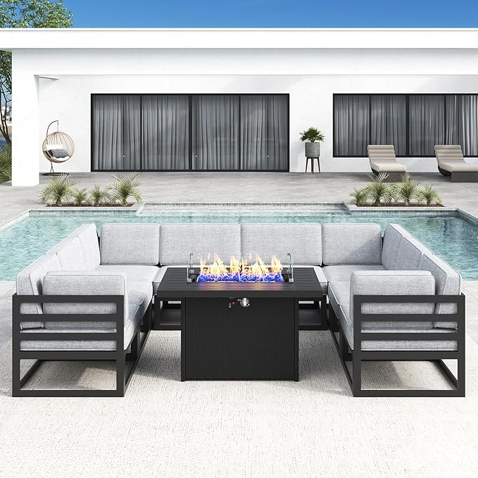 LayinSun Large Aluminum Patio Furniture Set with Fire Pit Table, 9 Pieces Modern Outdoor Conversation Set Sectional Metal Sofa Set with Olefin Cushion