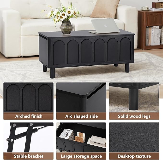 Lift Top Coffee Table with Arched Finish, Modern Coffee Table with Lifting Tabletop & Hidden Storage, Wood Center Table for Living Room,Convenient for Dining, Gaming or Working (Black)