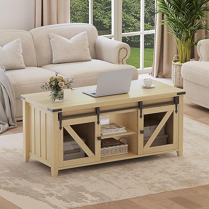 48" Farmhouse Lift Top Coffee Table with Storage, Sliding Barn Door, Large Hidden Compartment, Wooden Lifting Tabletop with Adjustable Shelf for Living Room, Office (Oak)