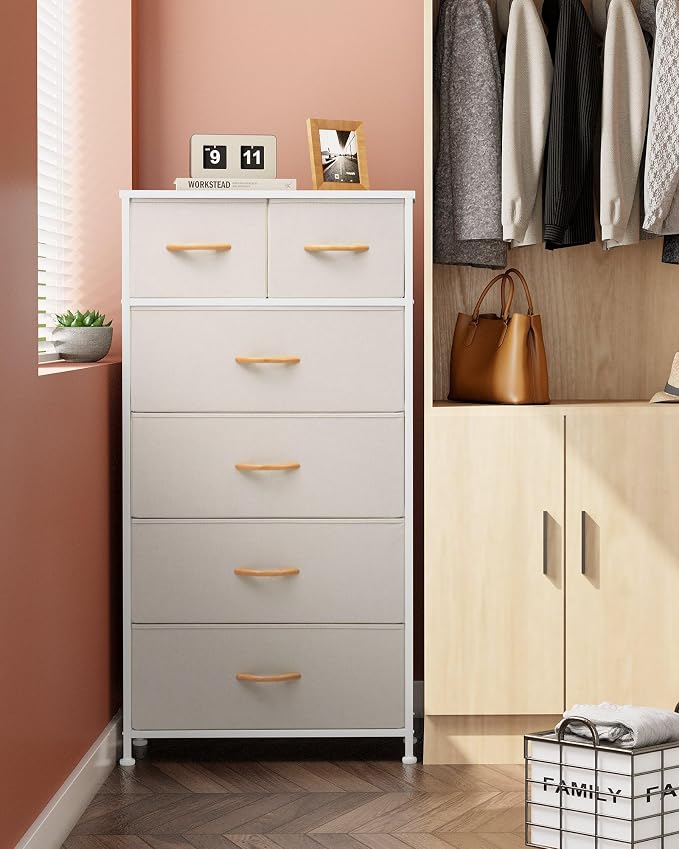 Crestlive Products Dresser for Bedroom Tall Skinny Dresser Storage Tower - Sturdy Steel Frame, Wood Top, Fabric Bins, Wood Handles - Organizer Unit for Entryway, Hallway, Closets - 6 Drawers (Beige) - Image 4