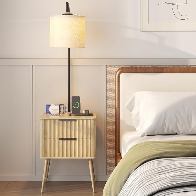 HNEBC Fluted nightstand Set 2 with - with 3-Color Lights and Lampshades,Modern Night Stand with Charging Station,LED Bedside Table with 2 Drawers,Tall Side Table for Bedroom,Natural - Image 9