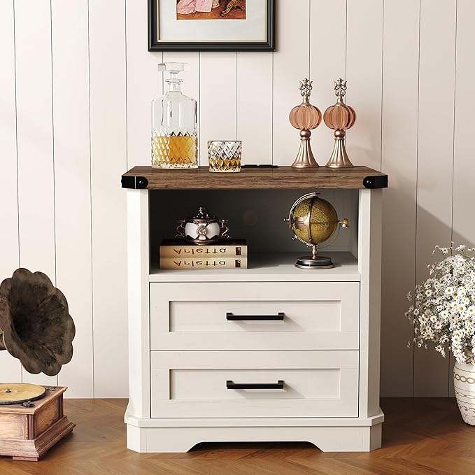 Yusong 23.62” Tall Farmhouse Nightstand, Rustic Wooden Night Stand with Charging Station, Beside Table with Drawers and Open Storage, End Tables for Bedroom, White - Image 6