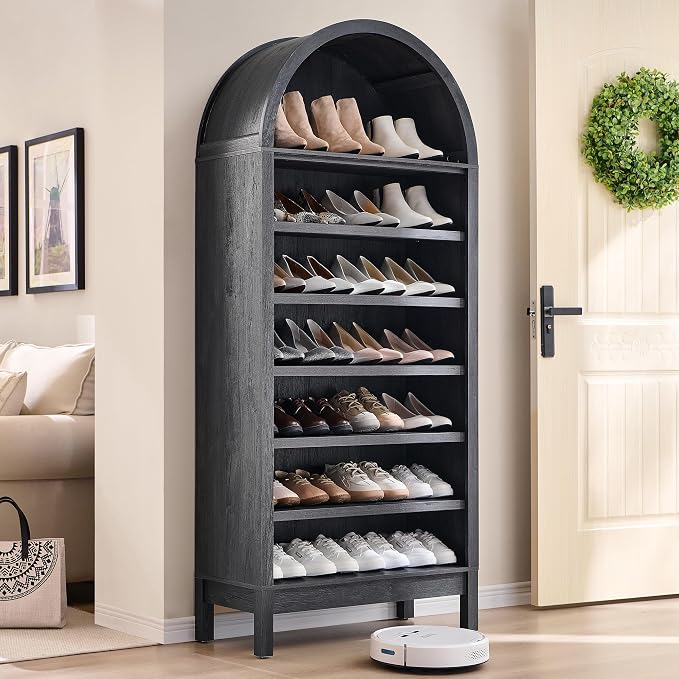 IFGET 71" Tall Arched Shoe Storage Cabinet, 7 Tiers 28 Pairs Wooden Shoe Rack with 3 Adjustable Shelves, Freestanding Shoe Closet Shelf Organizer for Entryway, Hallway, Living Room (Dark Grey) by IFGETEnrichYourLivingSpace