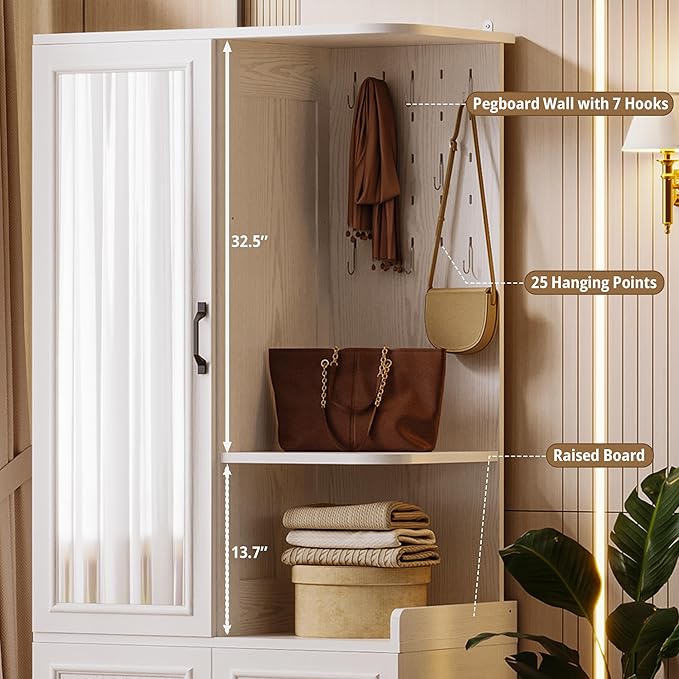 LIKIMIO Armoire Wardrobe Closet, 70" H Wooden Bedroom Armoire with Mirror, 2 Cabinet, Pegboard and a Open Shelf, Large Freestanding Clothing Storage Cabinet with 3 Doors, White
