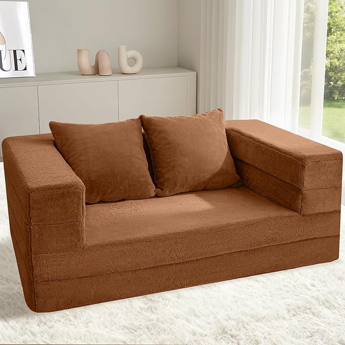 Futon Sofa Bed with Pillow, 3-in-1 Sleeper Sofa Bed with Removable Cover, Convertible Floor Sofa Bed, No Assembly Boneless Couch for Living Room, Bedroom