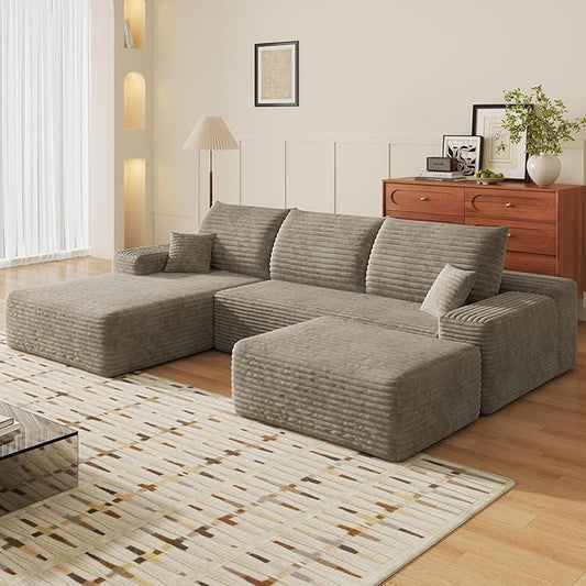 107" U Shaped Cloud Corduroy Couch with Ottoman, Comfy Sectional Boneless Couches for Living Room Bedroom, Deep Seat Sleeper Compression Sofa, No Assembly, Left Facing Chaise, Camel